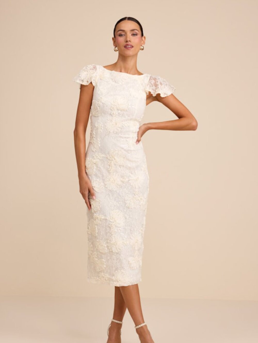 Lulus Kenna Ivory Lace Flutter Sleeve Midi Dress White - Size S